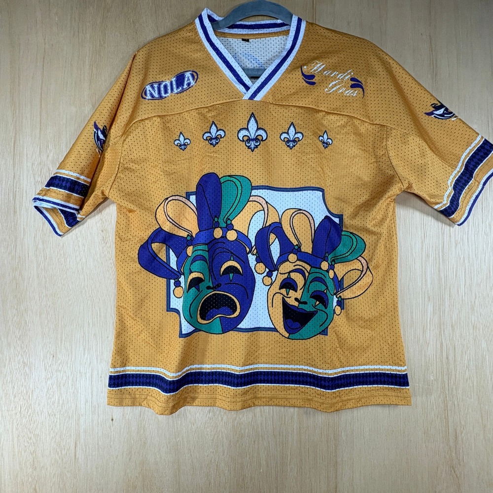 Mardi Gras NOLA New Orleans 504 Jester Mesh Jersey Gold Purple Green Women L